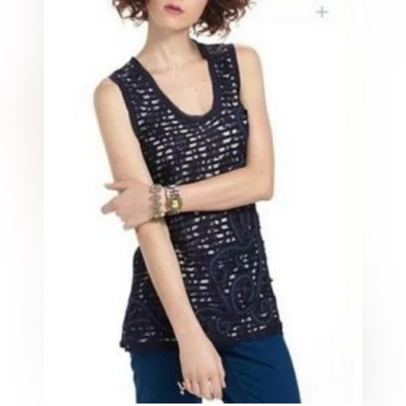 MEADOW‎ RUE for ANTHROPOLOGIE Navy blue lace tunic top size XL. - Picture 1 of 14